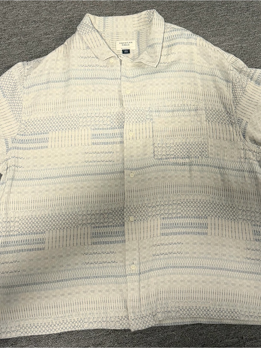 American Eagle Outfitters Light Blue and White Patterned Short-Sleeve Shirt